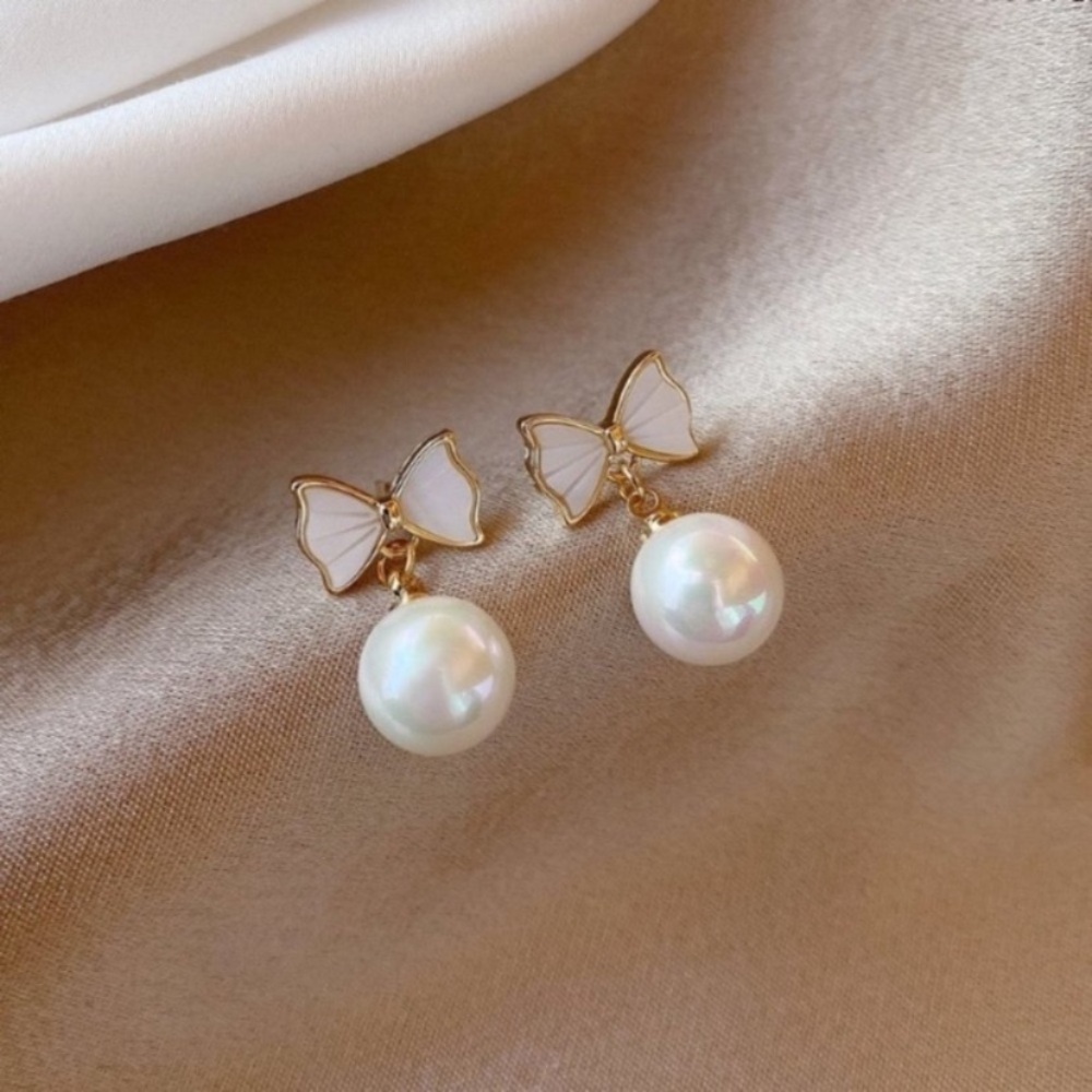 5 for $25 Elegant 14k Gold Plated Pearl Bow Earrings